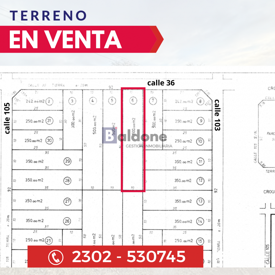 EN VENTA - TERRENO 10 X 50 MTS - CALLE 36 E/ 103 Y 105 - GRAL. PICO - LA PAMPA