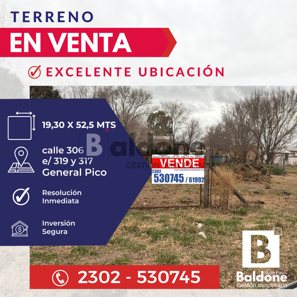 EN VENTA - TERRENO EXCELENTE UBICACION - SOBRE CALLE 306 - GRAL. PICO