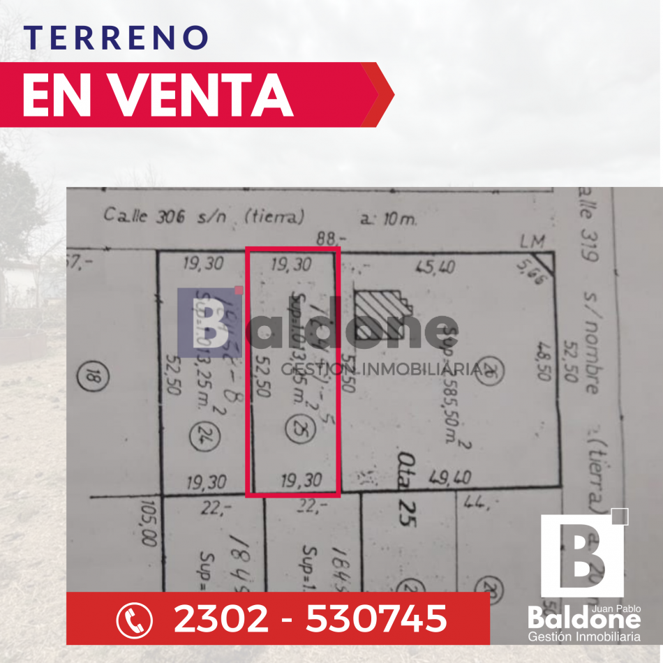 EN VENTA - TERRENO EXCELENTE UBICACION - SOBRE CALLE 306 - GRAL. PICO